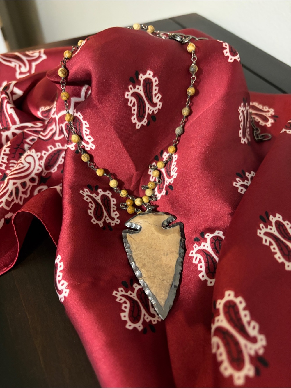 Handmade Brown Arrowhead Pendant Necklace with Beaded Chain